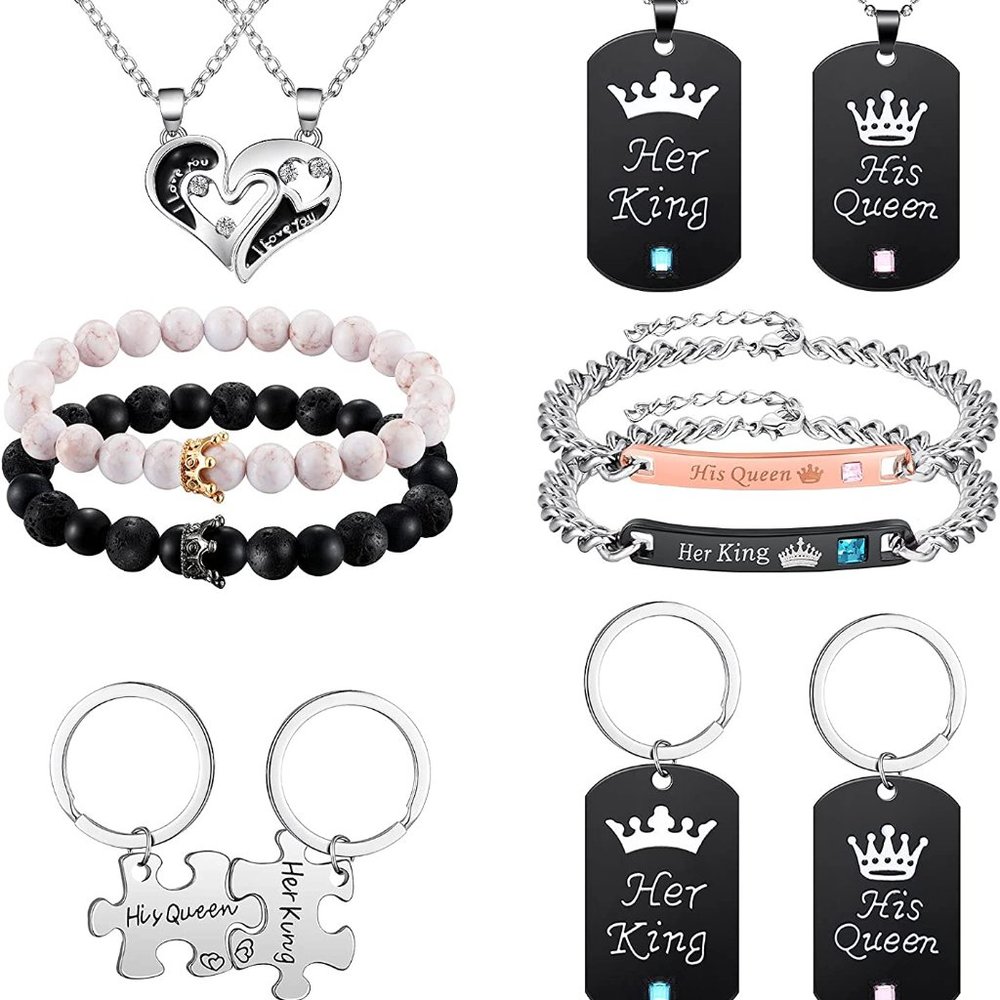 New 12 Pieces Couple Necklace Bracelet Keychain Set Her King His Queen Necklace